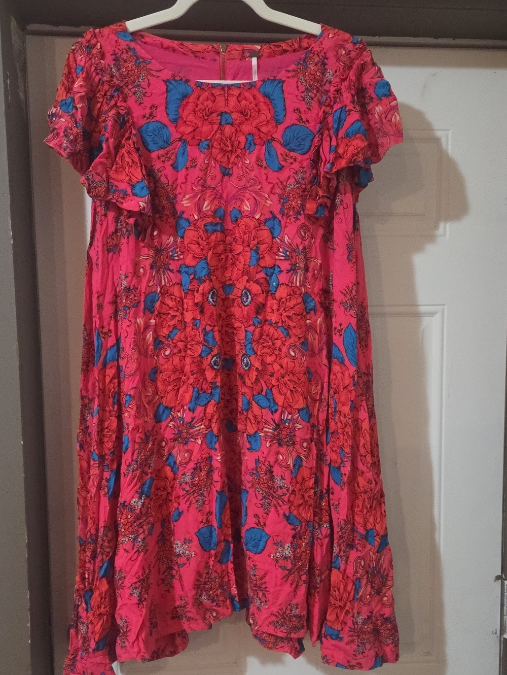 Free People Fuchsia Floral Midi Dress with Blue Accents